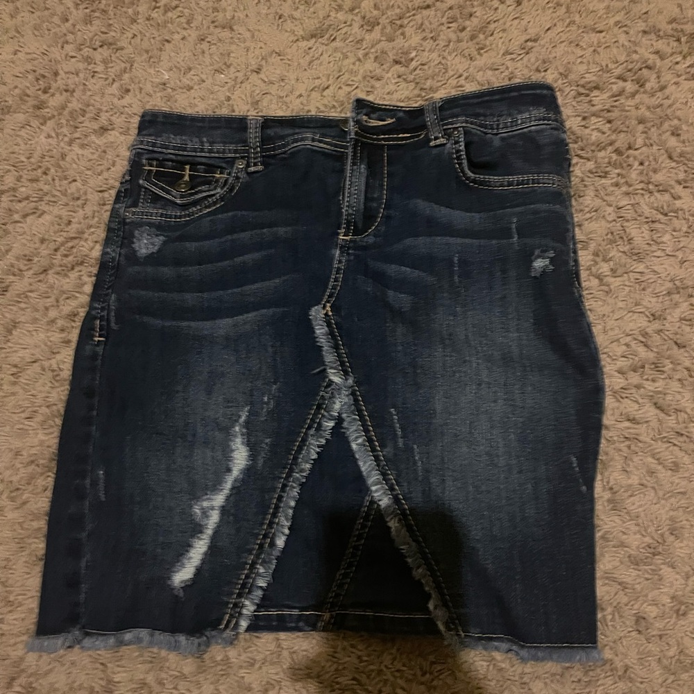 Denim Skirt with Frayed Hem